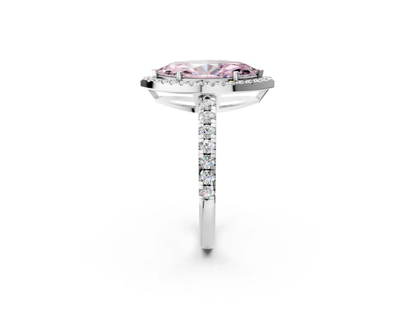 Platinum Fancy Pink Marquise Cut Diamond Halo Ring with Pavé Band and Four-Prong Setting