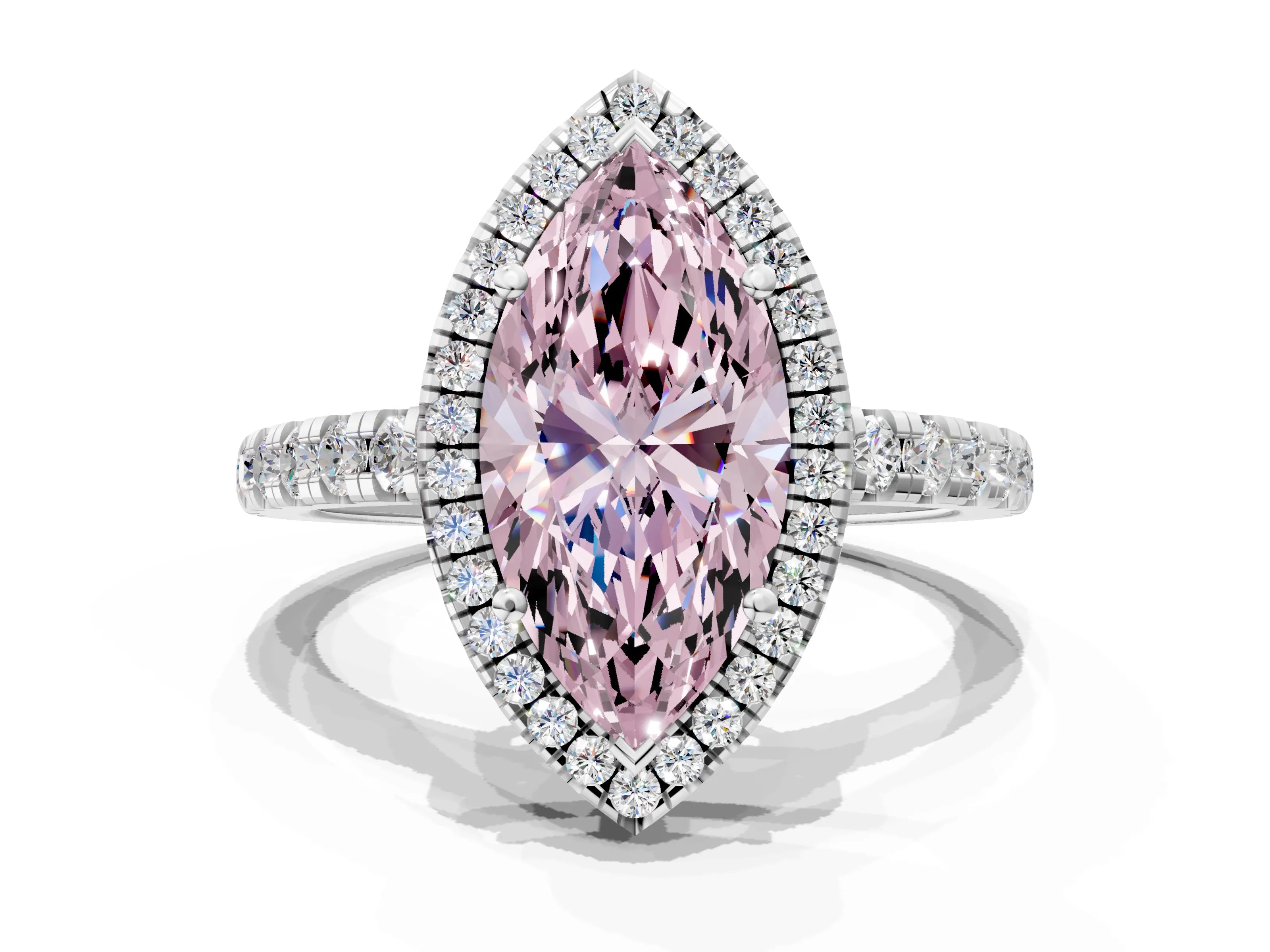 White gold Fancy Pink Marquise Cut Diamond Halo Ring with Pavé Band and Four-Prong Setting