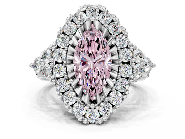 White gold Fancy Pink Marquise Cut Diamond Halo Ring with Pavé Band and Four-Prong Setting