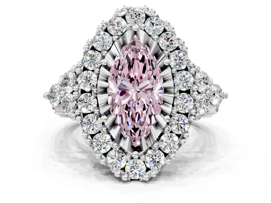 White gold Fancy Pink Marquise Cut Diamond Halo Ring with Pavé Band and Four-Prong Setting