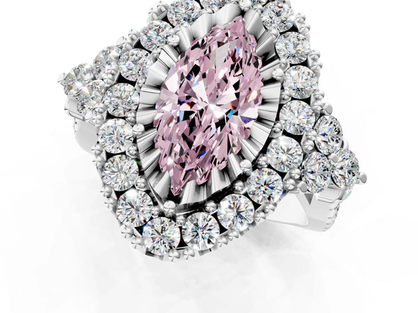 White gold Fancy Pink Marquise Cut Diamond Halo Ring with Pavé Band and Four-Prong Setting