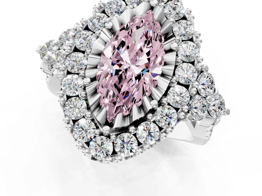 White gold Fancy Pink Marquise Cut Diamond Halo Ring with Pavé Band and Four-Prong Setting