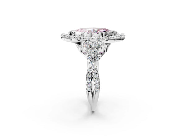 White gold Fancy Pink Marquise Cut Diamond Halo Ring with Pavé Band and Four-Prong Setting