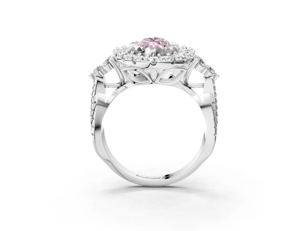 White gold Fancy Pink Marquise Cut Diamond Halo Ring with Pavé Band and Four-Prong Setting