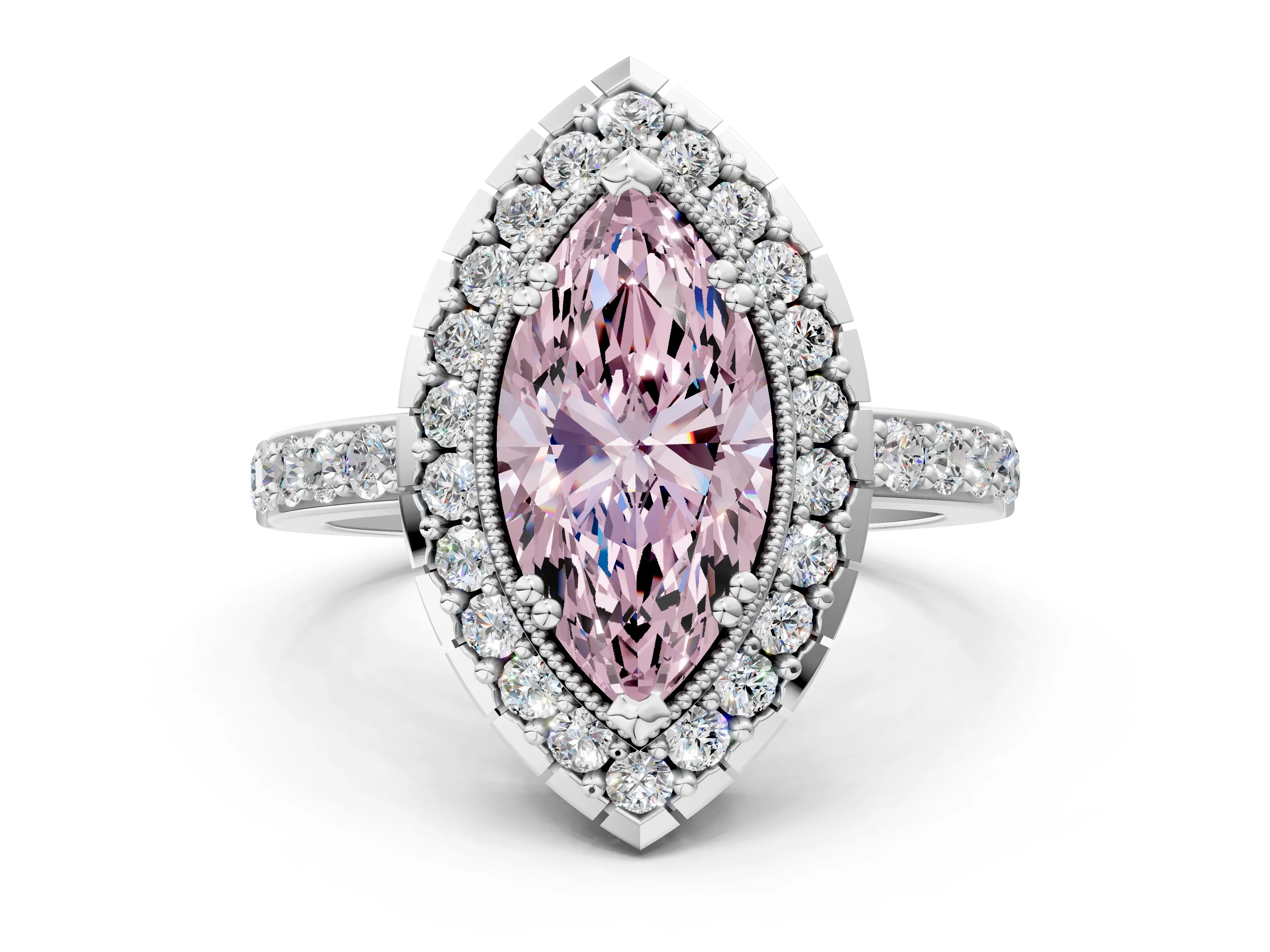 White gold Fancy Pink Marquise Cut Diamond Halo Ring with Pavé Band and Prong Setting_12