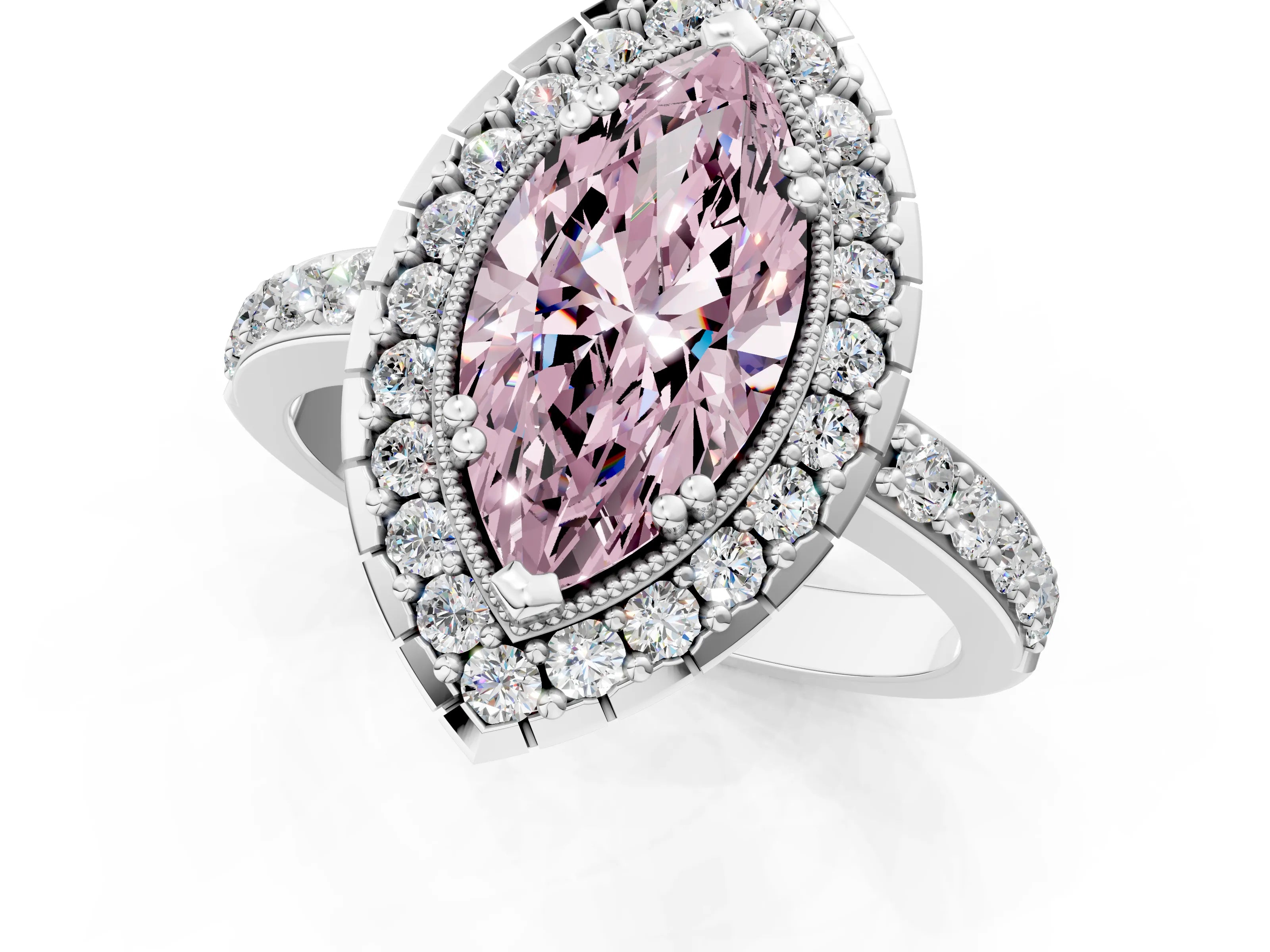 White gold Fancy Pink Marquise Cut Diamond Halo Ring with Pavé Band and Prong Setting_13