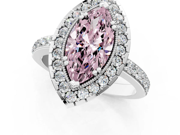 White gold Fancy Pink Marquise Cut Diamond Halo Ring with Pavé Band and Prong Setting