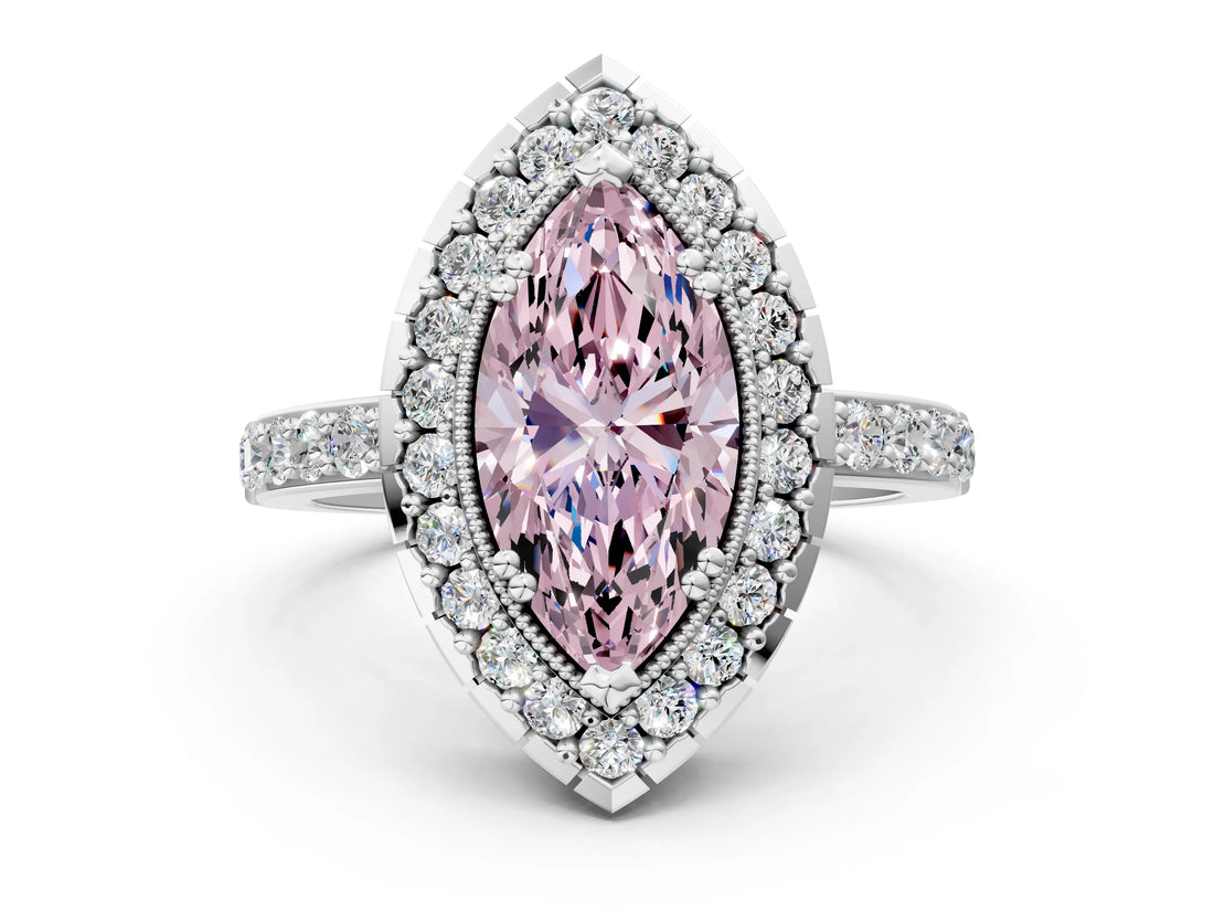 White gold Fancy Pink Marquise Cut Diamond Halo Ring with Pavé Band and Prong Setting