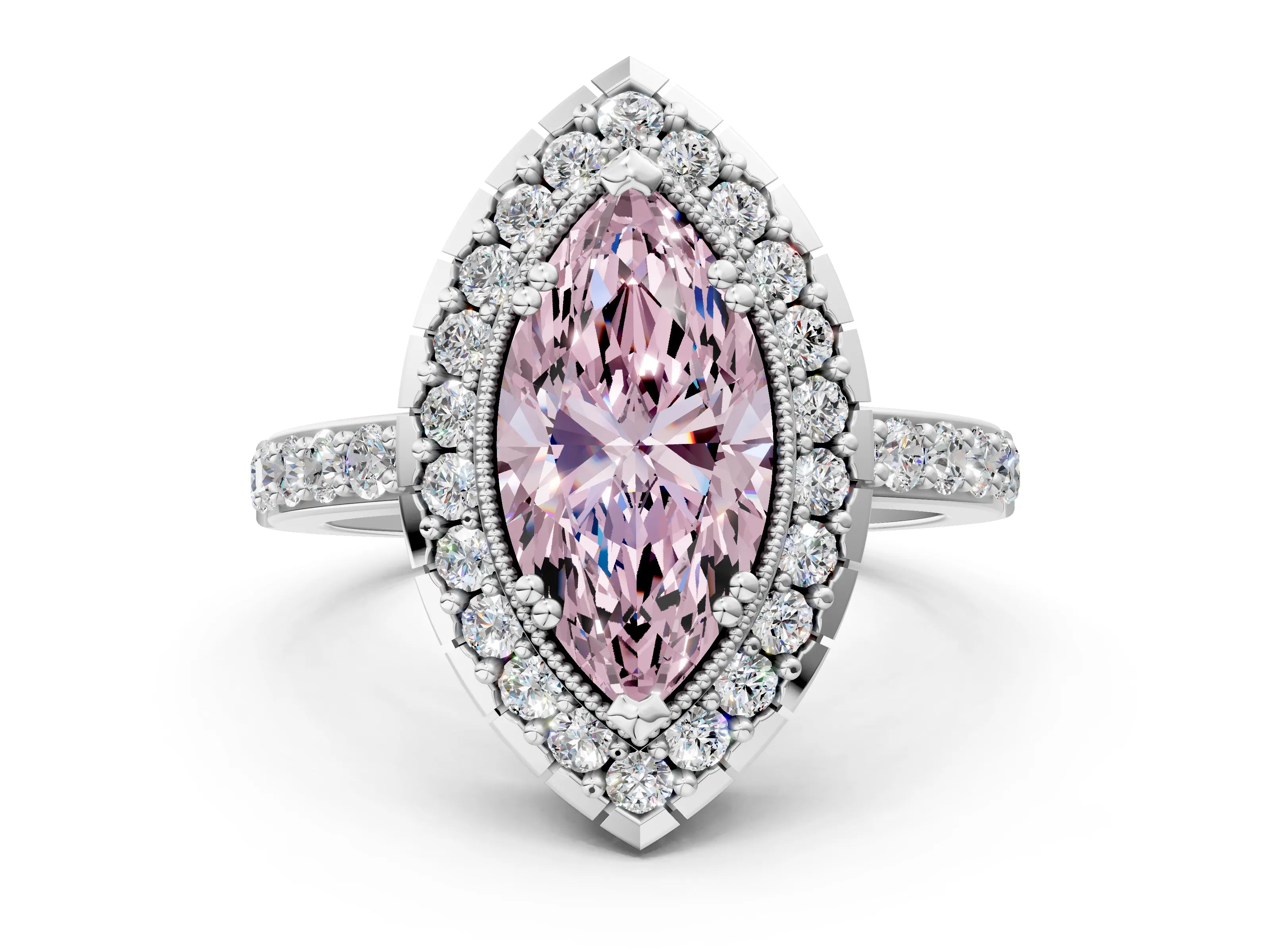 White gold Fancy Pink Marquise Cut Diamond Halo Ring with Pavé Band and Prong Setting