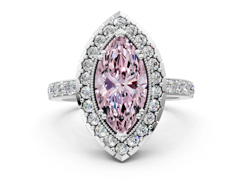White gold Fancy Pink Marquise Cut Diamond Halo Ring with Pavé Band and Prong Setting