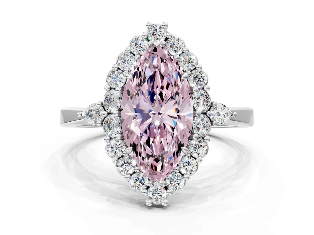 White gold Fancy Pink Marquise Cut Diamond Halo Ring with Pear Side Stones and Prong Setting_75