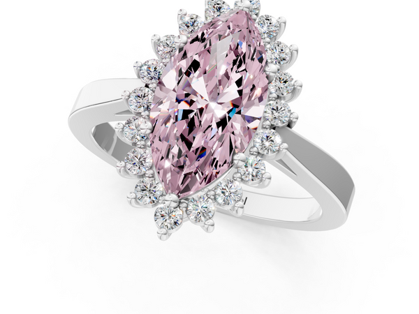 Platinum Fancy Pink Marquise  Cut Diamond Halo Ring with Round Brilliant Halo and Solitaire Band