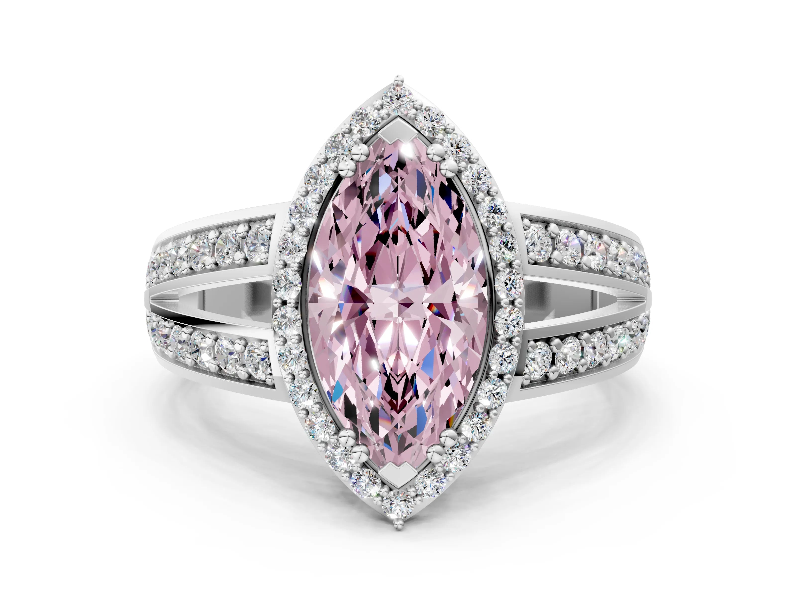White gold Fancy Pink Marquise Cut Diamond Halo Ring with Split Shank Pavé Band and Four-Prong Setting_12