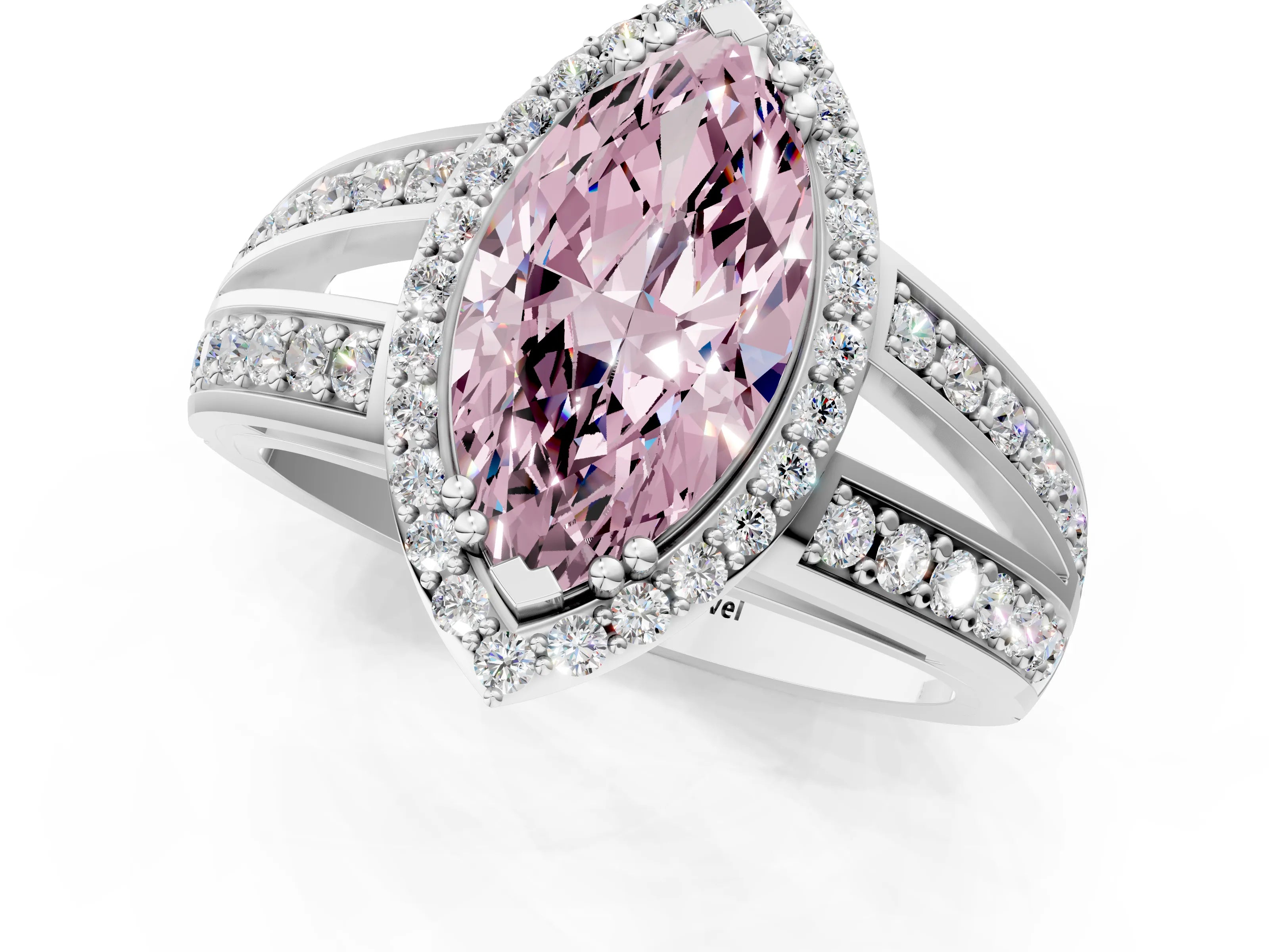 White gold Fancy Pink Marquise Cut Diamond Halo Ring with Split Shank Pavé Band and Four-Prong Setting_13