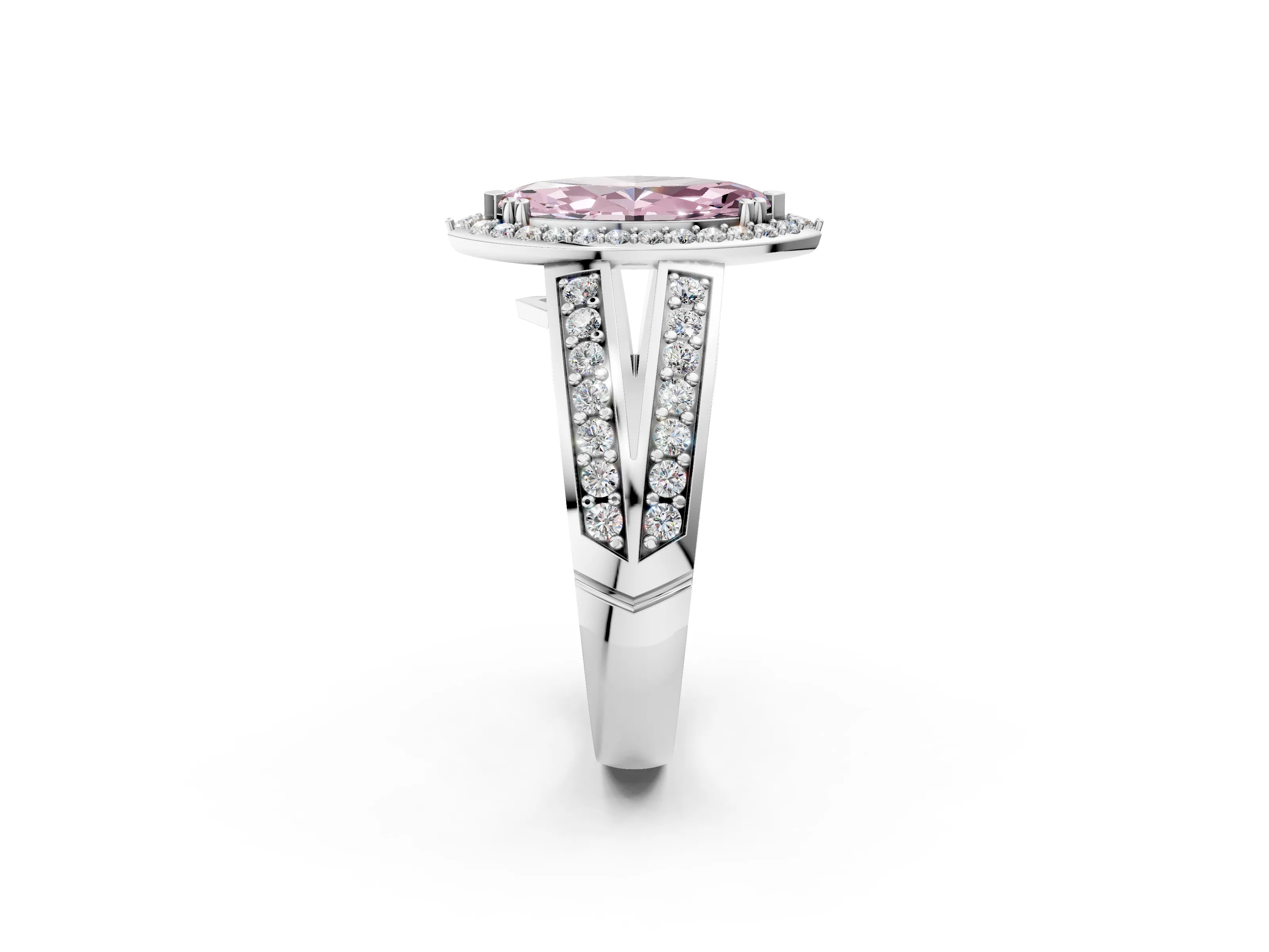 White gold Fancy Pink Marquise Cut Diamond Halo Ring with Split Shank Pavé Band and Four-Prong Setting_14