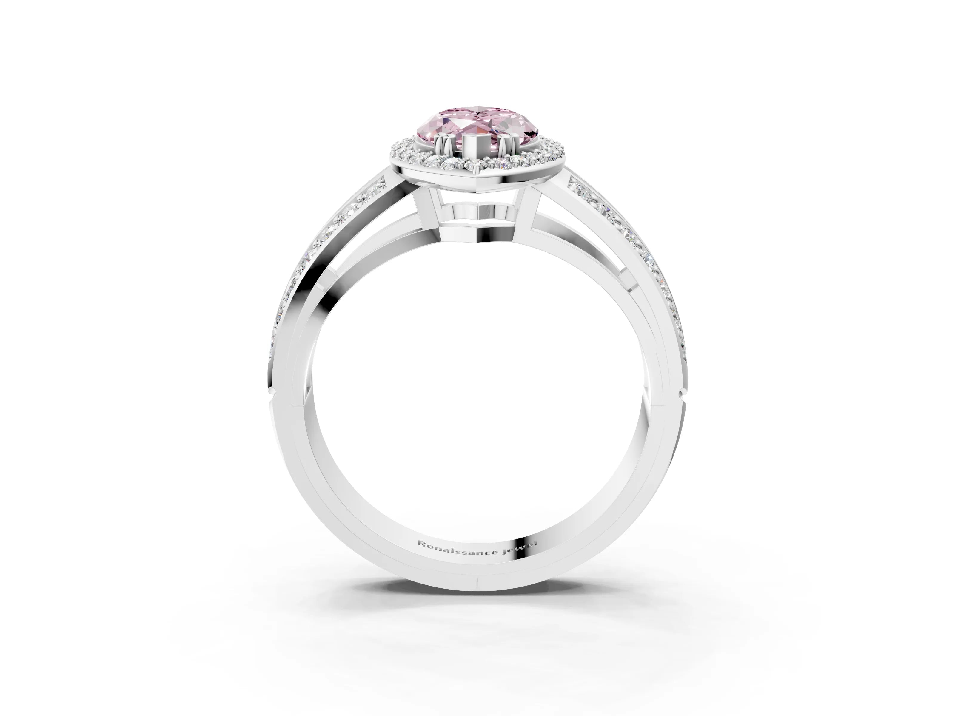 White gold Fancy Pink Marquise Cut Diamond Halo Ring with Split Shank Pavé Band and Four-Prong Setting_15