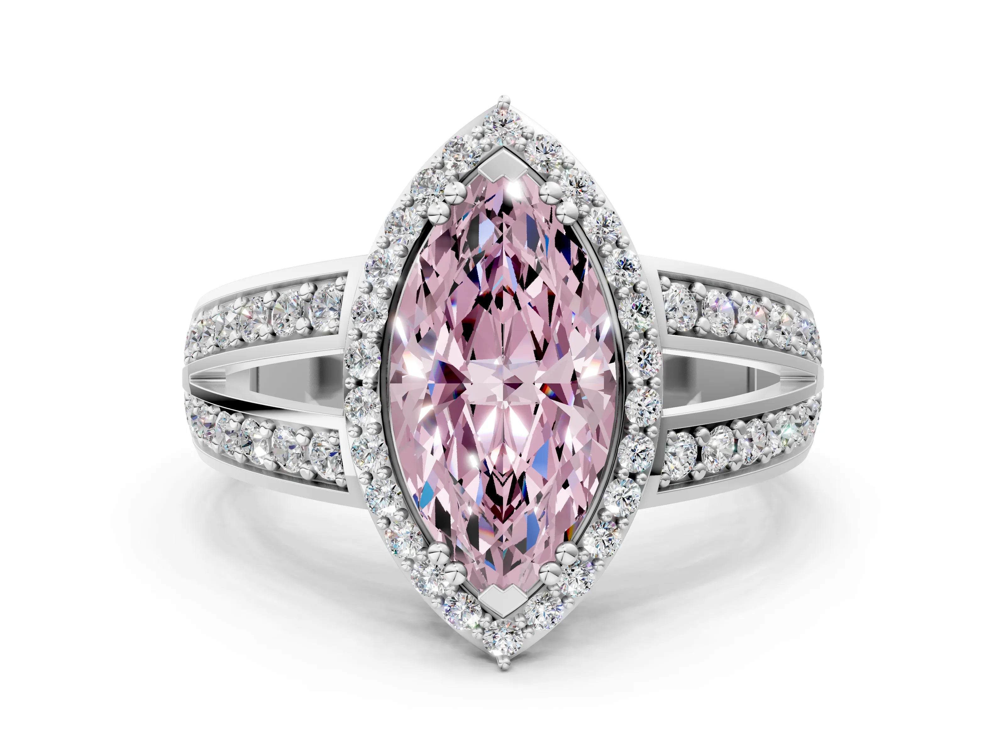 White gold Fancy Pink Marquise Cut Diamond Halo Ring with Split Shank Pavé Band and Four-Prong Setting
