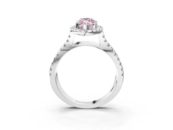 White gold Fancy Pink Marquise Cut Diamond Halo Ring with Split Shank Pavé Band and Prong Setting