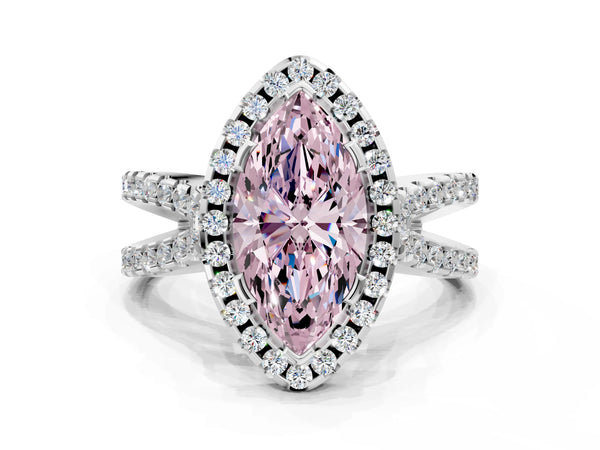 White gold Fancy Pink Marquise Cut Diamond Halo Ring with Split Shank Pavé Band and Prong Setting
