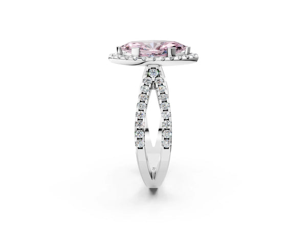 White gold Fancy Pink Marquise Cut Diamond Halo Ring with Split Shank Pavé Band and Prong Setting
