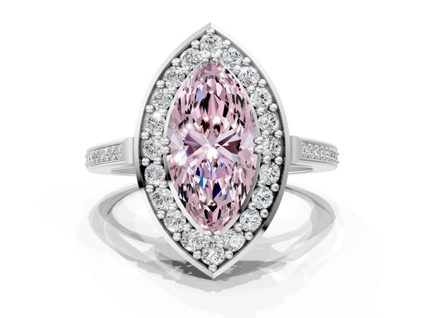White gold Fancy Pink Marquise Cut Diamond Halo Ring with Split Shank and Four-Prong Setting