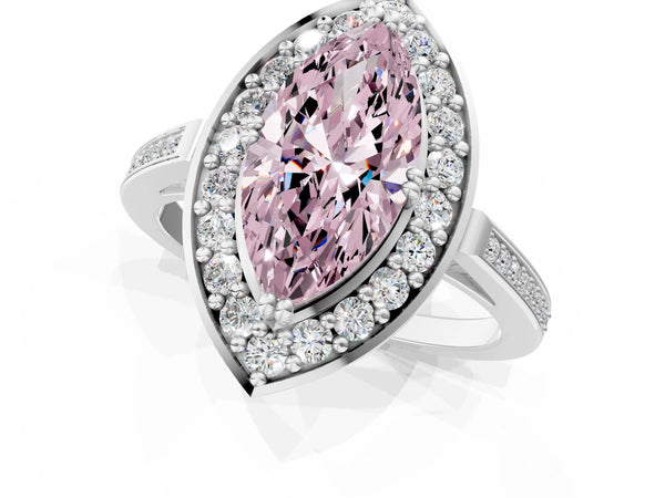 White gold Fancy Pink Marquise Cut Diamond Halo Ring with Split Shank and Four-Prong Setting