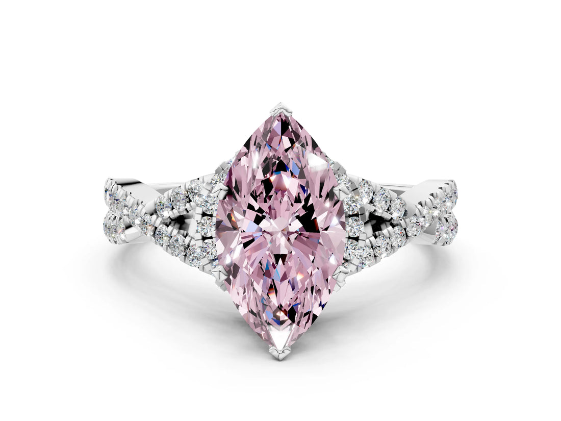 White gold Fancy Pink Marquise Cut Diamond  Halo Twist Band Solitaire Prong Setting Ring_20