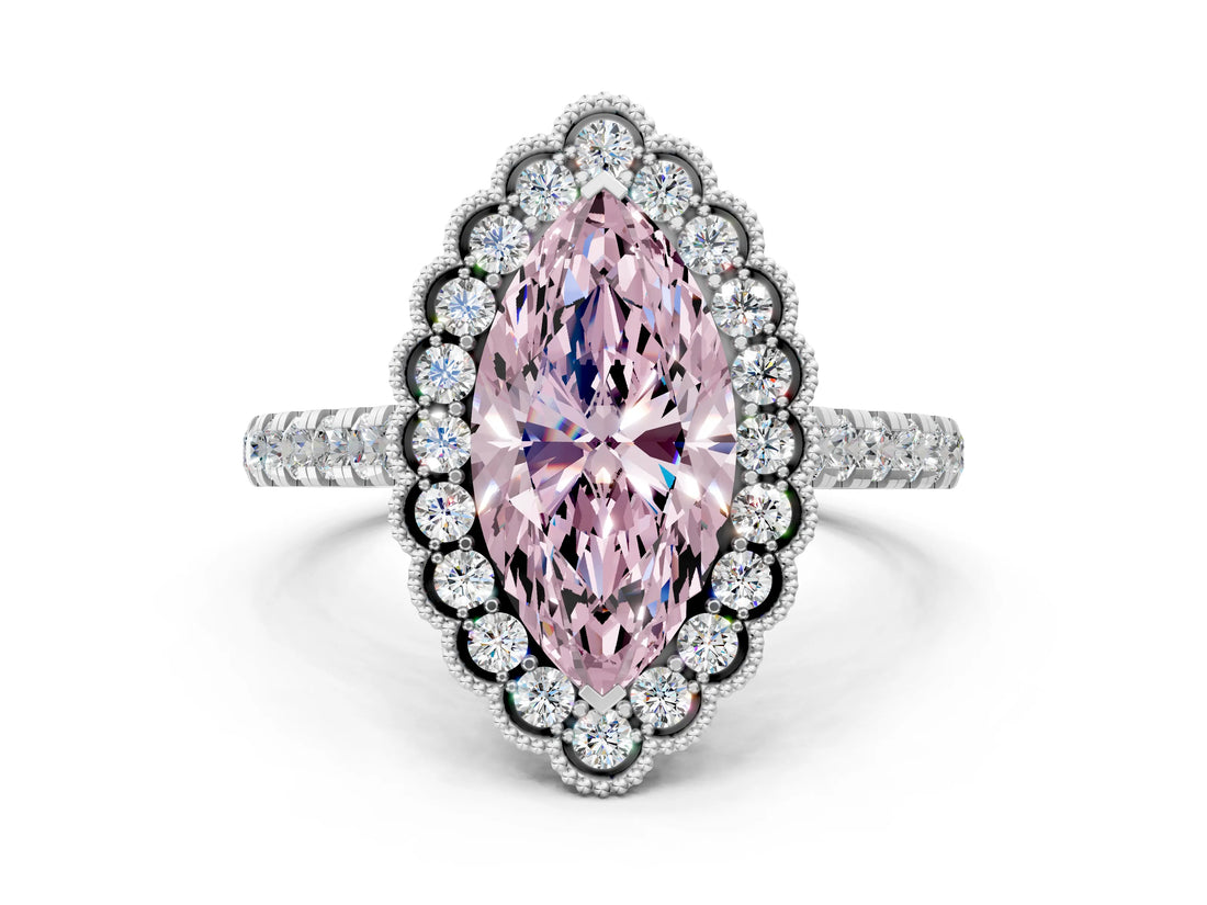 White gold Fancy Pink Marquise  Cut Diamond Milgrain Floral Halo Engagement Ring with Pavé Band_15