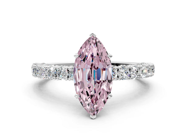 Platinum Fancy Pink Marquise Cut Diamond Pavé Band Solitaire Ring with Prong Setting