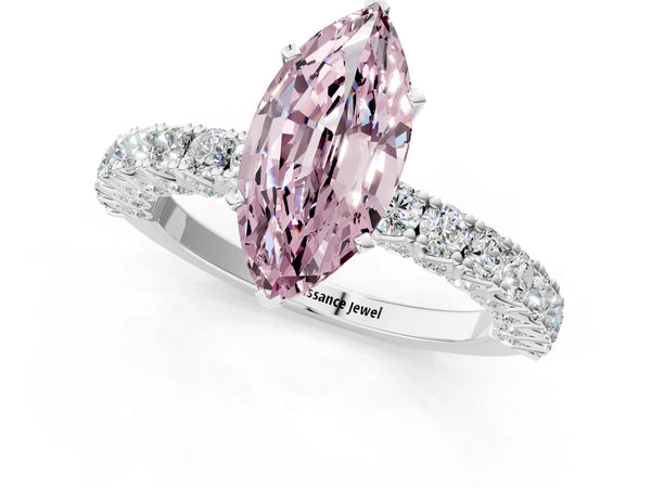 Platinum Fancy Pink Marquise Cut Diamond Pavé Band Solitaire Ring with Prong Setting