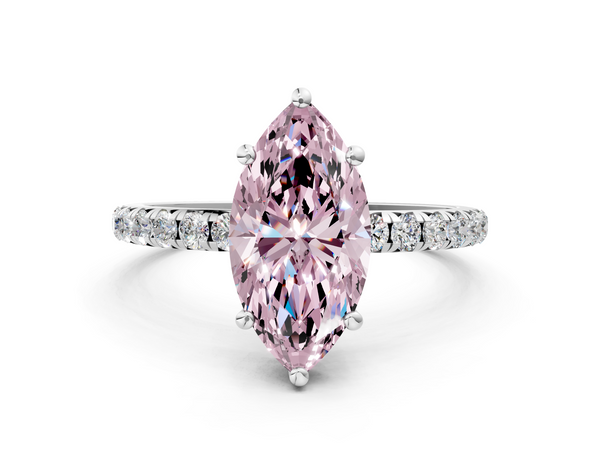 Platinum Fancy Pink Marquise  Cut Diamond Solitaire Ring with Micro Pave Band and Four Prong Setting