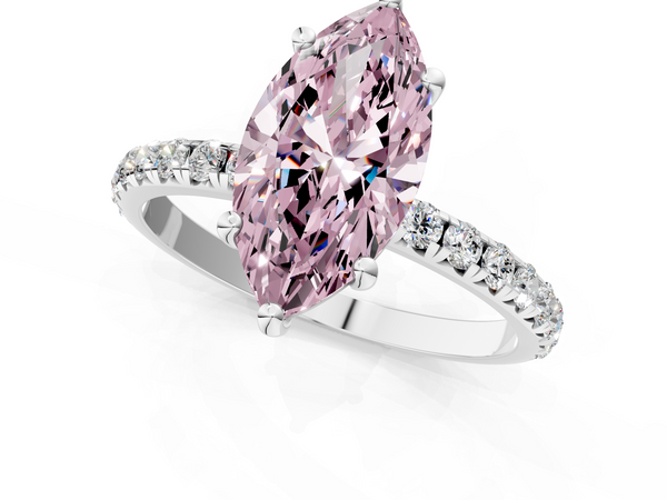 Platinum Fancy Pink Marquise  Cut Diamond Solitaire Ring with Micro Pave Band and Four Prong Setting