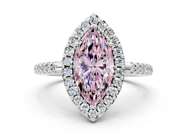 White gold Fancy Pink Marquise Cut Diamond Pavé Halo Ring with Four-Prong Setting