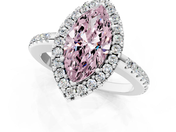 White gold Fancy Pink Marquise Cut Diamond Pavé Halo Ring with Four-Prong Setting