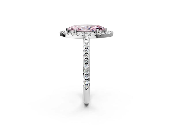 White gold Fancy Pink Marquise Cut Diamond Pavé Halo Ring with Four-Prong Setting