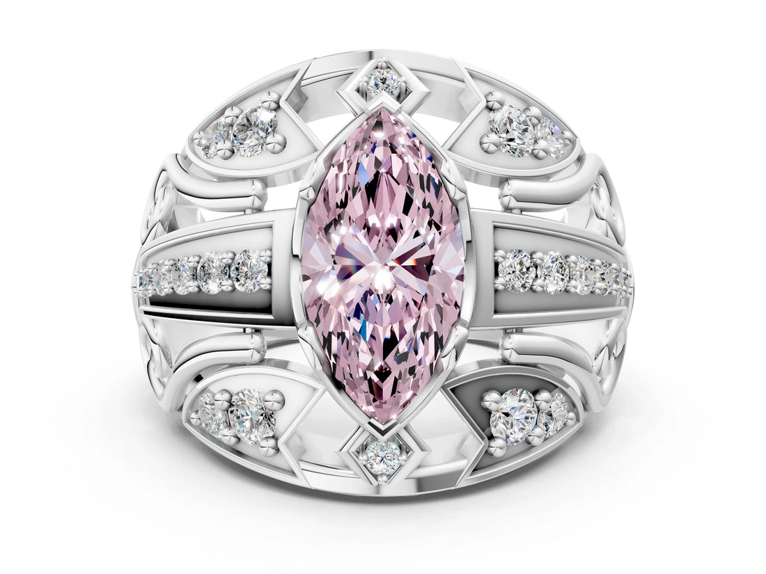 White gold Fancy Pink Marquise Cut Diamond Pave Art Deco Split Shank Ring with Four-Prong Setting