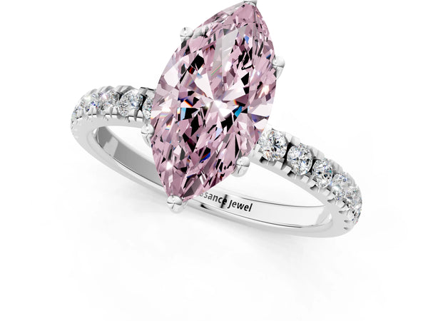 White gold Fancy Pink Marquise Cut Diamond Pave Band Solitaire Ring with Round  and Prong Setting
