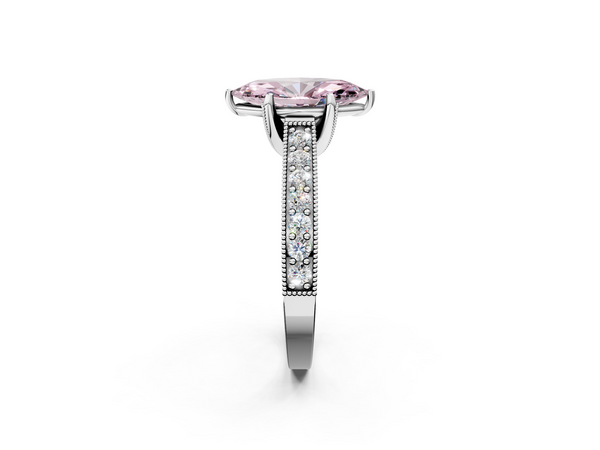 Platinum Fancy Pink Marquise  Cut Diamond Solitaire Ring with Milgrain Pave Band and Four Prong Setting