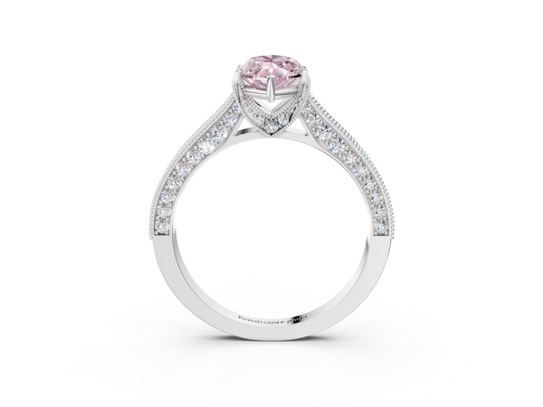 Platinum Fancy Pink Marquise  Cut Diamond Solitaire Ring with Milgrain Pave Band and Four Prong Setting