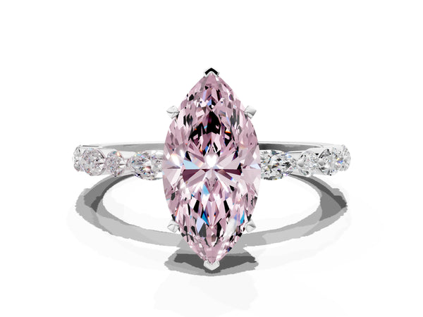 Silver 2.52 Carat Pink VVS2 Marquise Diamond Ring with Marquise and Round  Side Stones and Four-Prong Setting