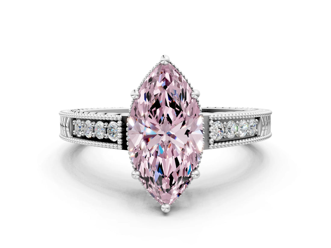 White gold Fancy Pink Marquise Cut Diamond Ring with Milgrain Pavé Band and Four-Prong Setting_32