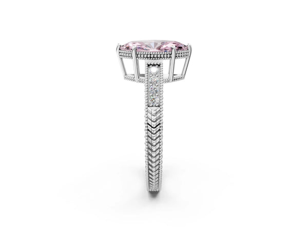 White gold Fancy Pink Marquise Cut Diamond Ring with Milgrain Pavé Band and Four-Prong Setting
