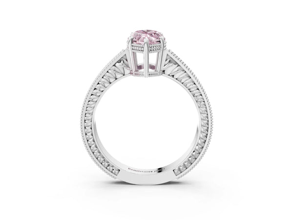 White gold Fancy Pink Marquise Cut Diamond Ring with Milgrain Pavé Band and Four-Prong Setting