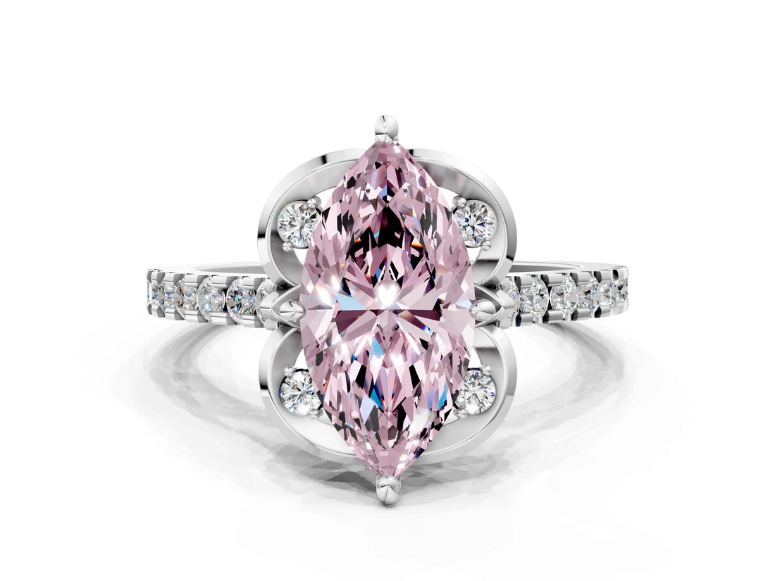 White gold Fancy Pink Marquise Cut Diamond Ring with Pavé Band and Floral Prong Setting_39