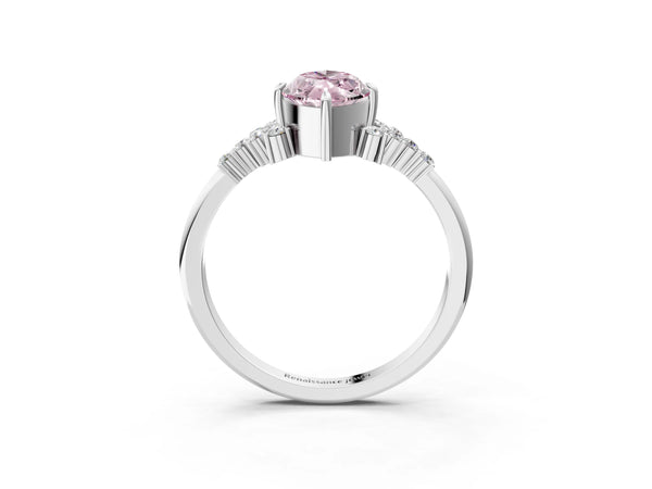 Silver Fancy Pink Marquise Cut Diamond Ring with Side Stones and Four-Prong Setting
