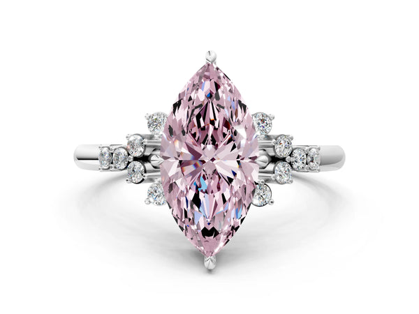 Silver Fancy Pink Marquise Cut Diamond Ring with Side Stones and Four-Prong Setting