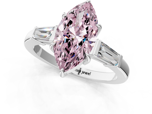 White gold Fancy Pink Marquise  Cut Diamond Ring with Tapered Baguette Side Stones in Four-Prong Setting