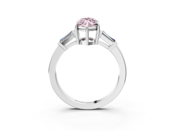 White gold Fancy Pink Marquise  Cut Diamond Ring with Tapered Baguette Side Stones in Four-Prong Setting
