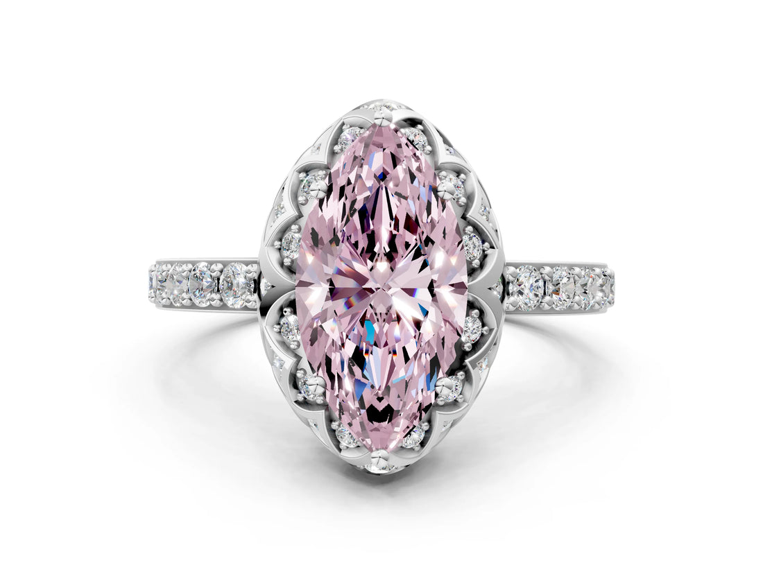 White gold Fancy Pink Marquise Cut Diamond Scalloped Halo Engagement Ring with Round Shared Prong Band_18