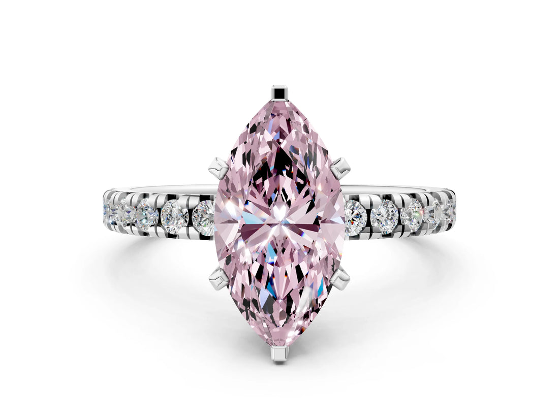 White gold Fancy Pink Marquise Cut Diamond Solitaire Pavé Engagement Ring with Round Band and Prong Setting_48